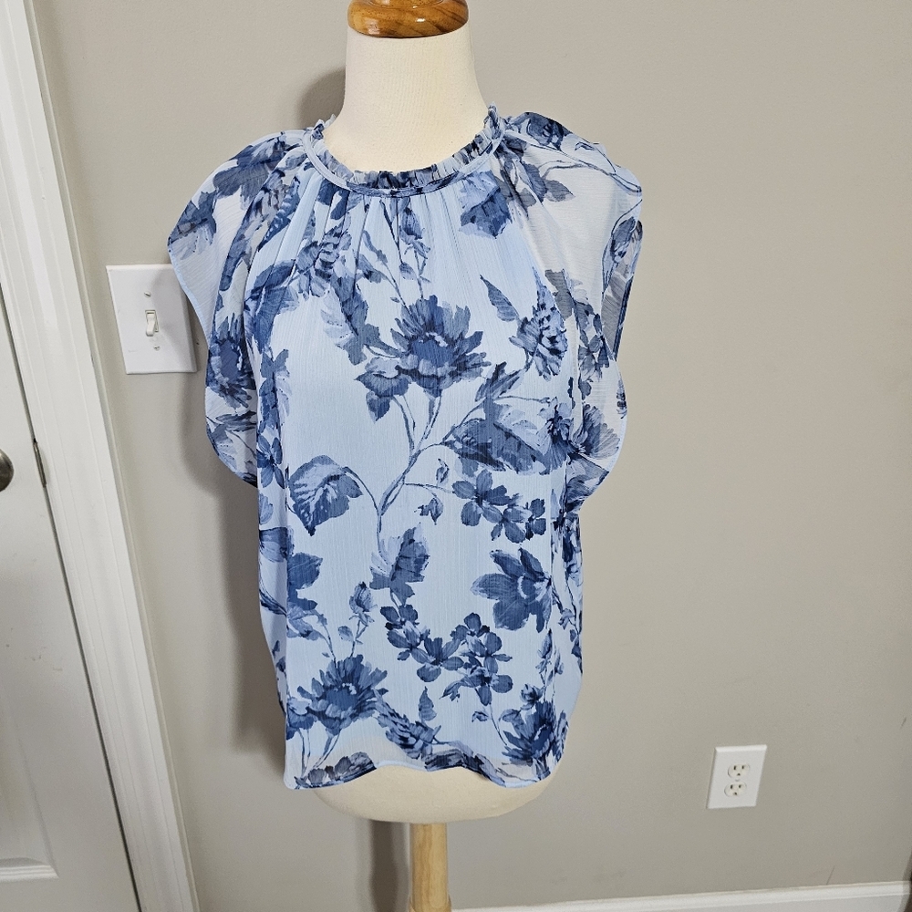 Calvin Klein Blue Floral Ruffle Blouse Top Small S